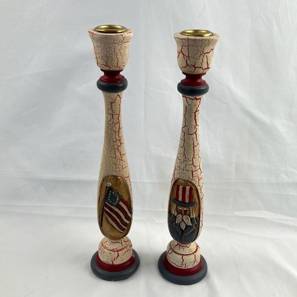 1998 Whispering Pines Lori Miller Pillar Candle Holders American Patriot Carved - Picture 1 of 11